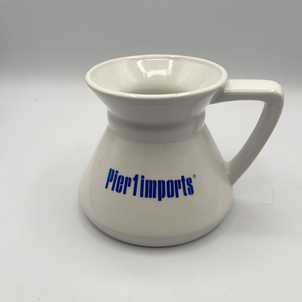Pier 1 Imports White Ceramic Blue Logo Travel Mug Wide Base 10 oz